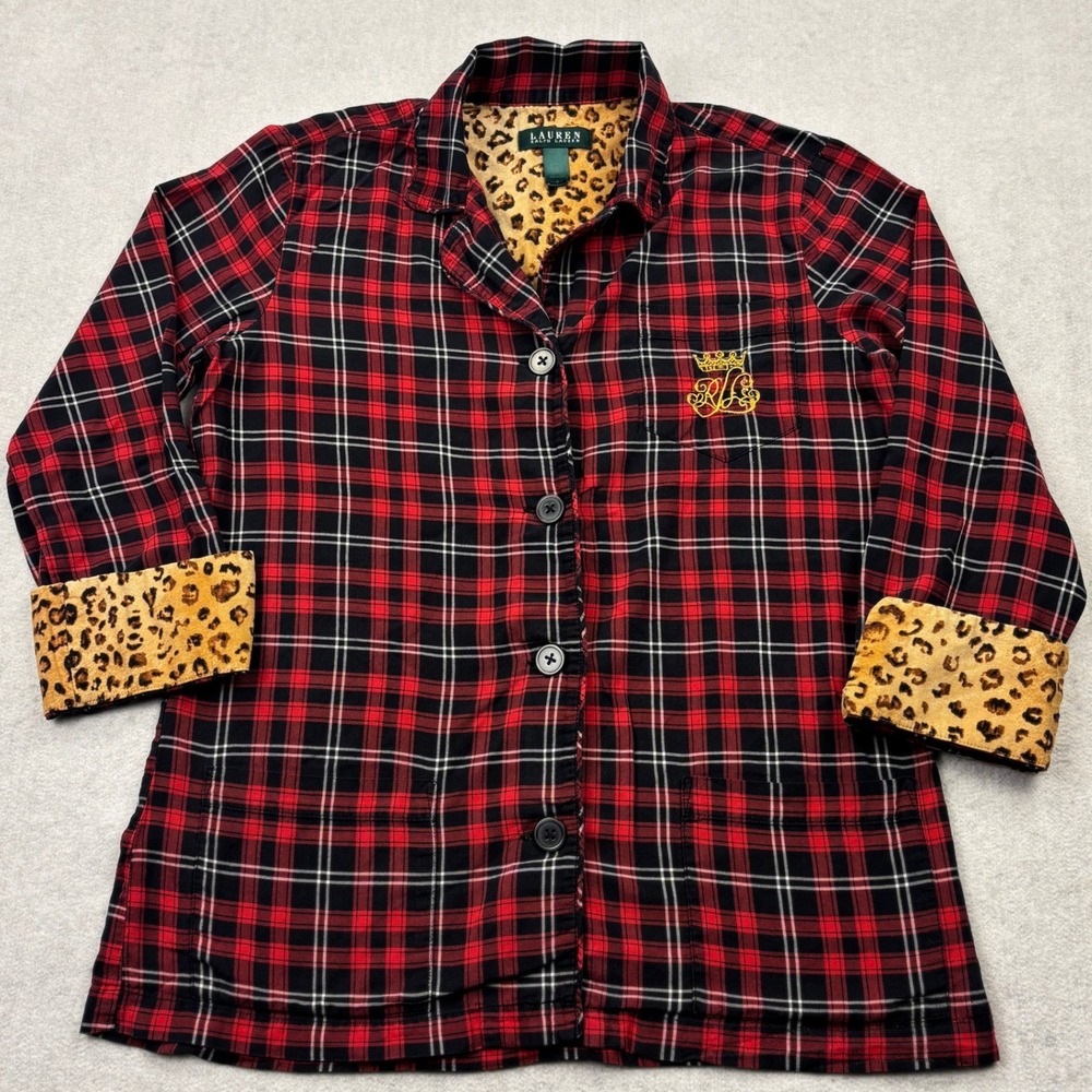 Lauren Ralph Lauren Womens Small Red Plaid Flannel Pajama Top Leopard Trim LRL S